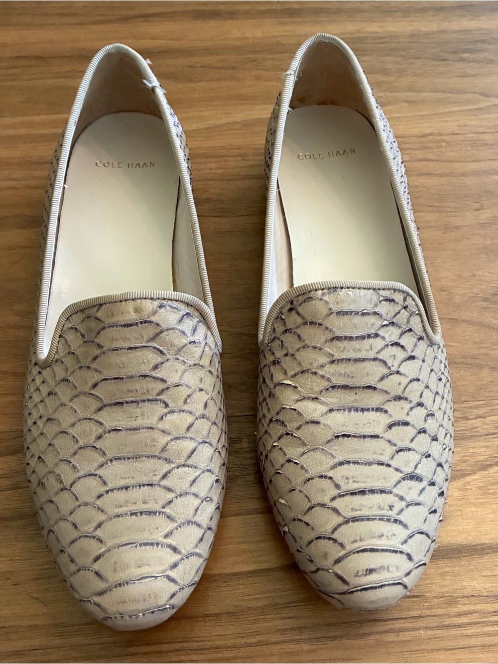 Cole Haan Women's Beige Snake-Embossed Leather Loafers